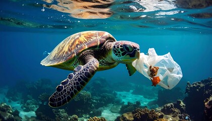 A sea turtle swims underwater, biting a discarded plastic bag. The ocean floor and surface are also visible