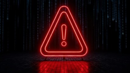 Red neon alert symbol on a dark, grid floor with binary rain backdrop - Powered by Adobe