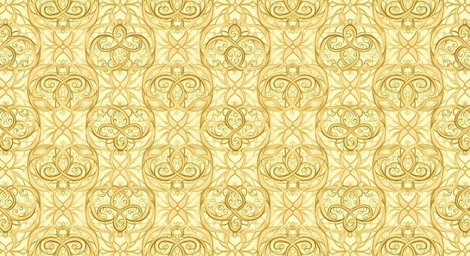 Golden ornate pattern with intricate vintage floral motifs on a textured yellow background.