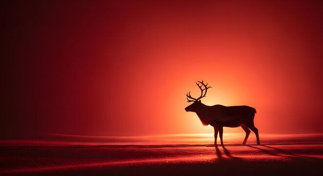 Scandinavian atmospheric poster with copy space, Reindeer silhouette against a vibrant sunset landscape