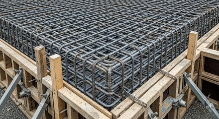 Robust steel rebar cage meticulously constructed within wooden formwork ready for concrete pour, showcasing foundational strength and intricate engineering in construction