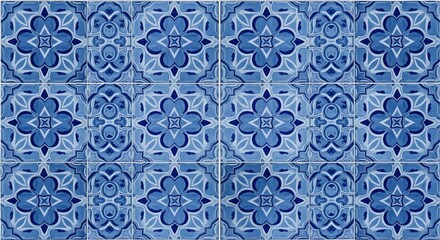 A repeating pattern of ornate blue and white ceramic tiles creates a beautiful decorative background.