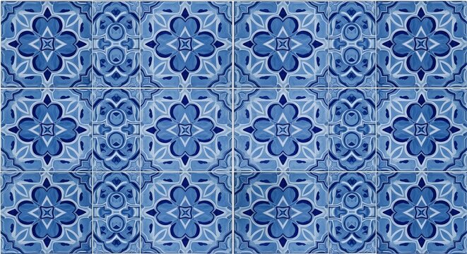 A repeating pattern of ornate blue and white ceramic tiles creates a beautiful decorative background. - Powered by Adobe