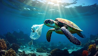 A sea turtle swims underwater, consuming a plastic bag, highlighting pollution's impact on marine life. Sunlight penetrates the water