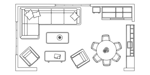 CAD Drawings. Top view of sofa, armchairs, coffee table, dining table, and shelves. Vector illustration.