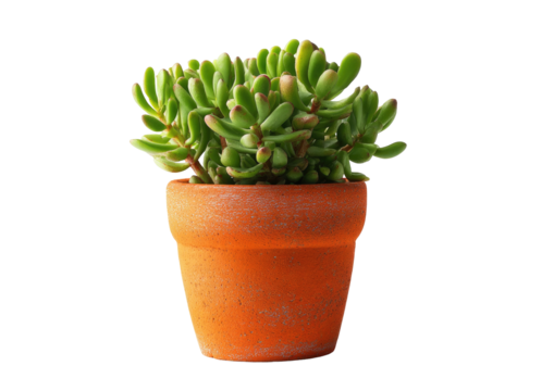 Succulent plant in clay pot, bright green, isolated