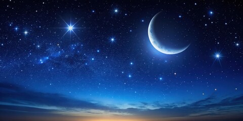 Fototapeta premium Dark celestial landscape with numerous stars and a crescent moon against a deep blue sky
