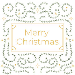 Elegant Merry Christmas card with green hand-drawn pine branches and golden frame. Minimalist festive greeting design perfect for holiday invitations, posters, and winter decorations.