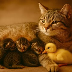 A cat is laying on a bed with two baby ducks
