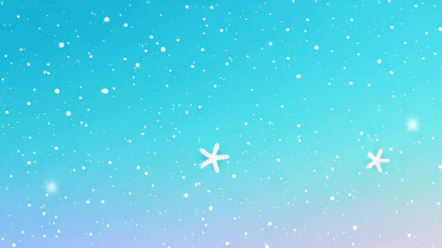 Falling snowflakes and sparkling particles drift across a dreamy blue and purple gradient background.