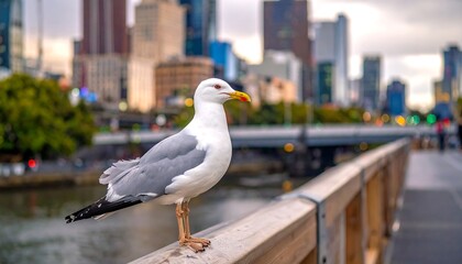 A seagull, perched on a wooden railing, overlooks a river with a blurred cityscape background. The sky is overcast