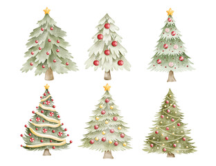 Watercolor Illustration Set of Christmas Tree and Ornaments