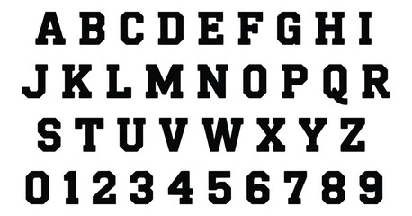 Varsity font vector alphabet, collegiate lettering set with bold athletic style, sports typography design for team logos, apparel prints, school emblems, and retro graphic projects © MDSAIDUR