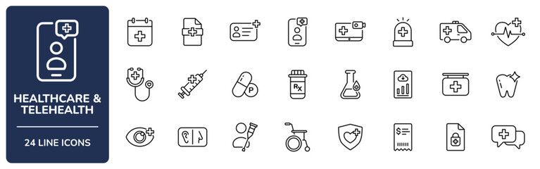 Healthcare & Telehealth Line Icon Set with Editable Stroke. Collection of telemedicine, appointment, EMR, patient ID, lab test, HIPAA, health insurance, billing, and payment symbols.