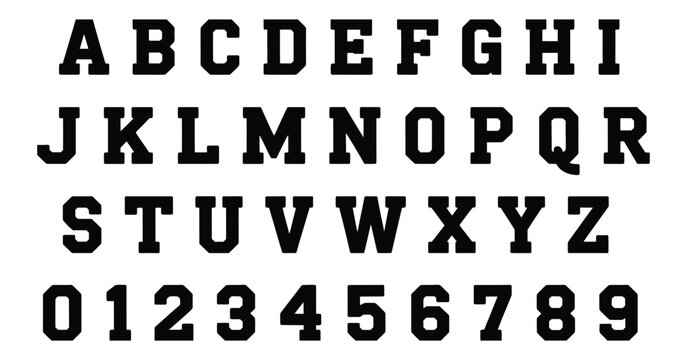 Varsity font vector alphabet, collegiate lettering set with bold athletic style, sports typography design for team logos, apparel prints, school emblems, and retro graphic projects