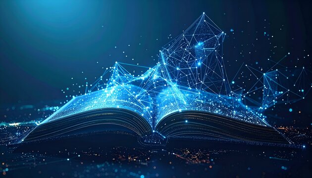 An open book with glowing digital connections emerging, symbolizing knowledge and technology integration