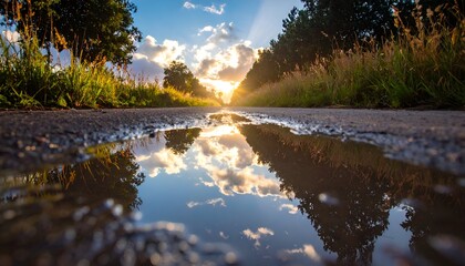 Serene sunset reflecting on a tranquil puddle along a rural road, surrounded by lush greenery