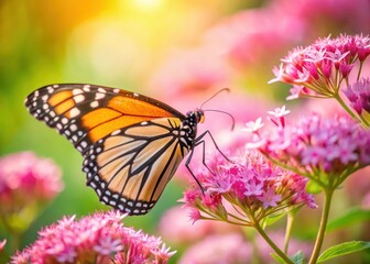 Monarch Butterfly Feeds on Pink Flowers in a Serene Garden Scene of Nature