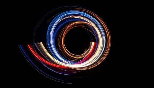 Abstract light trails forming a vibrant circular pattern against a dark background, showcasing motion - Powered by Adobe
