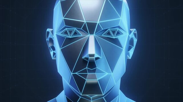 Abstract 3D video of human face assembling from geometric shapes with futuristic digital motion
