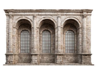 Stone facade with three arched windows, tall columns