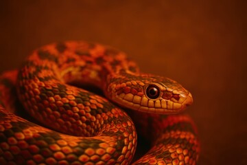 A snake is curled up on a brown surface