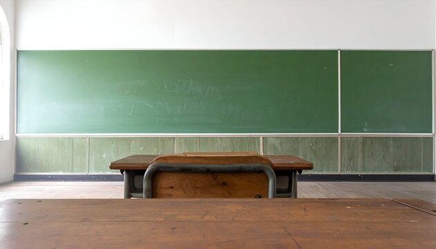 Empty classroom with wooden desks facing a green chalkboard, sunlight filtering through windows
