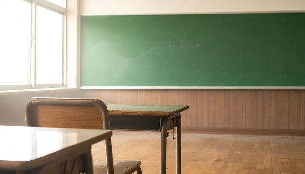 Empty classroom with wooden desks and chairs, sunlight streaming through windows, chalkboard in background