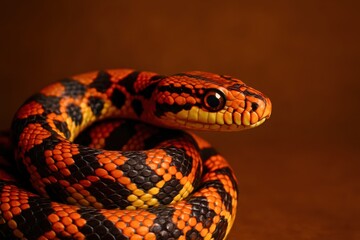 A snake is curled up on a brown surface