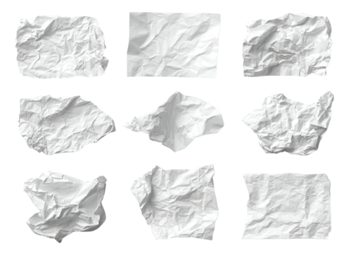 Crumpled, textured white paper scraps isolated on black