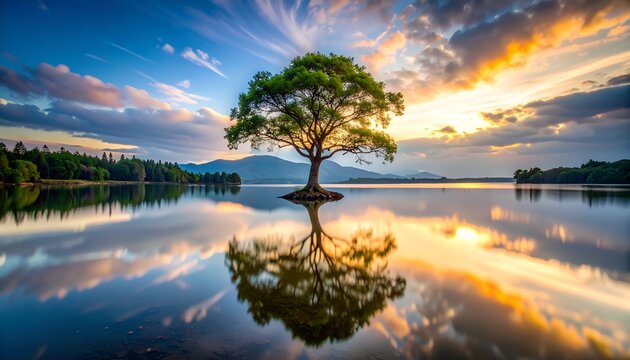 Serene sunset over a tranquil lake with a solitary tree reflecting on the water's surface