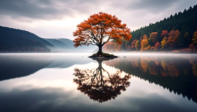 Majestic solitary tree with vibrant autumn leaves reflecting in still lake amidst misty mountains