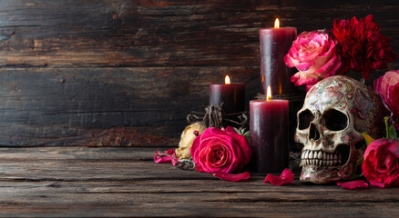 Romantic skull, rose, candle, altar create moody day of dead vibe on rustic wood