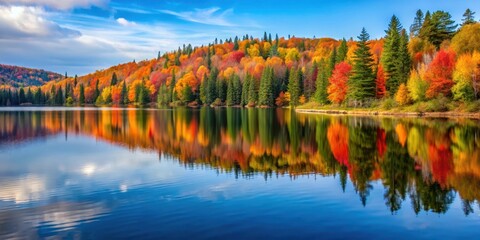 Serene lake surroundings with vibrant fall colors reflecting in calm Mayflower Lake