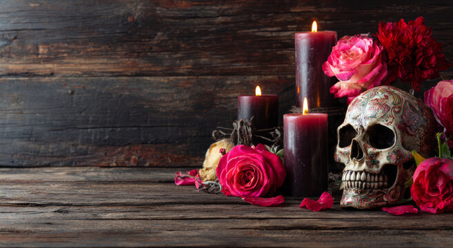 Romantic skull, rose, candle, altar create moody day of dead vibe on rustic wood