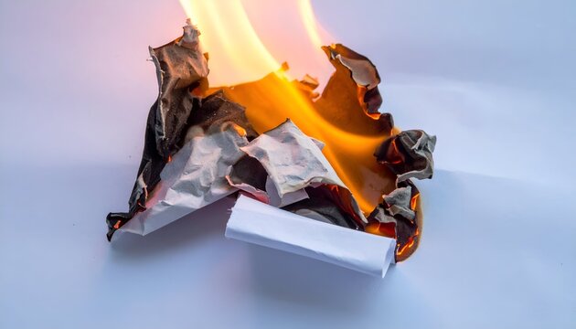 Burning crumpled paper on a plain background, illustrating the concept of destruction and transformation