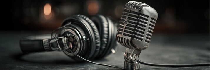 Fototapeta premium Vintage microphone and headphones for podcasting and music production