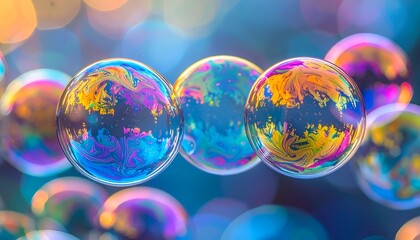 Colorful soap bubbles floating against a blurred, vibrant background, showcasing reflections and light