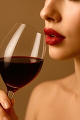 A woman is holding a wine glass and taking a sip of red wine