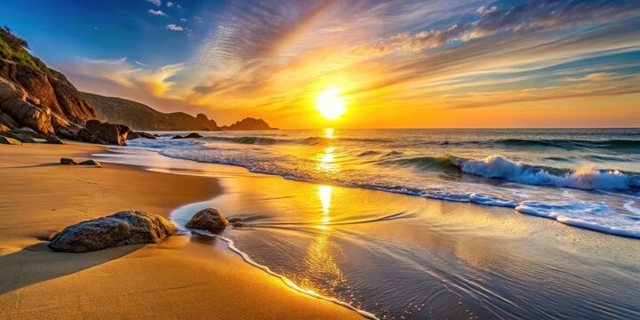 Softly glowing sun sets behind a serene beach with golden sand and rocky shore at dusk