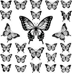 A beautiful vector silhouette collection of black and colorful flying butterflies, isolated on white for spring and summer design, nature, or tattoo art
