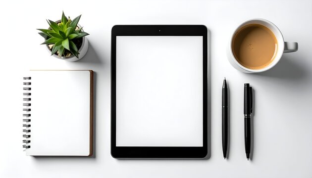 A serene workspace featuring a tablet, notebook, coffee cup, and plant, ideal for productivity and creativity