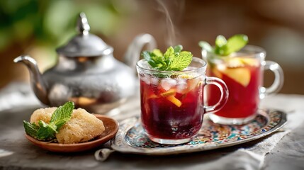 Traditional moroccan mint tea service with refreshing beverage
