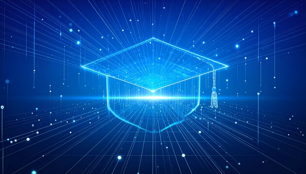Digital graduation cap illuminated by beams of light, symbolizing education and achievement in a futuristic setting