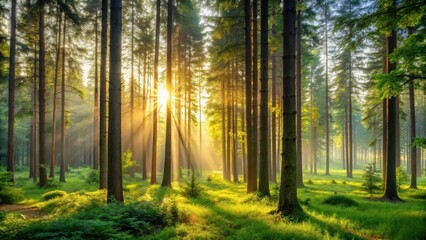 A serene forest landscape with tall trees and lush greenery at dawn