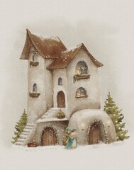 Watercolor winter illustration of a magical house and a mouse, Winter holidays card