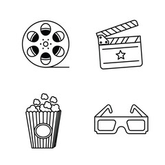 Movie Icons Set Film Reel, Clapperboard, Popcorn, 3D Glasses - Vector Illustration