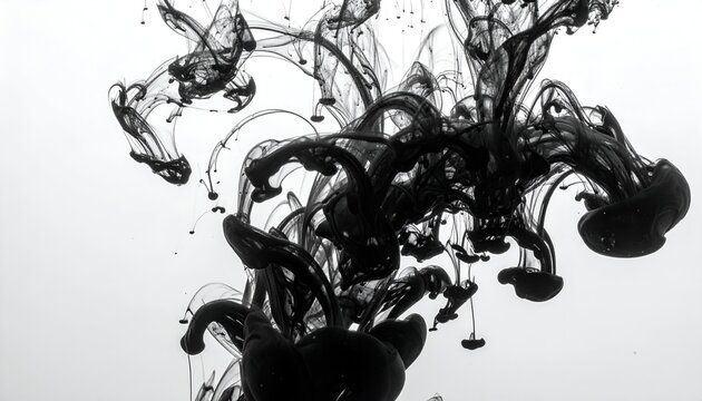 Abstract black ink swirling in water, creating intriguing shapes and patterns against a light background
