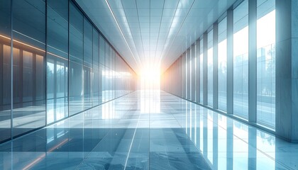 Modern corridor with reflective flooring leading to bright sunlight, showcasing contemporary architecture