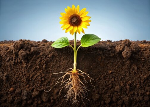 Underground sunflower roots sprouting from a taproot